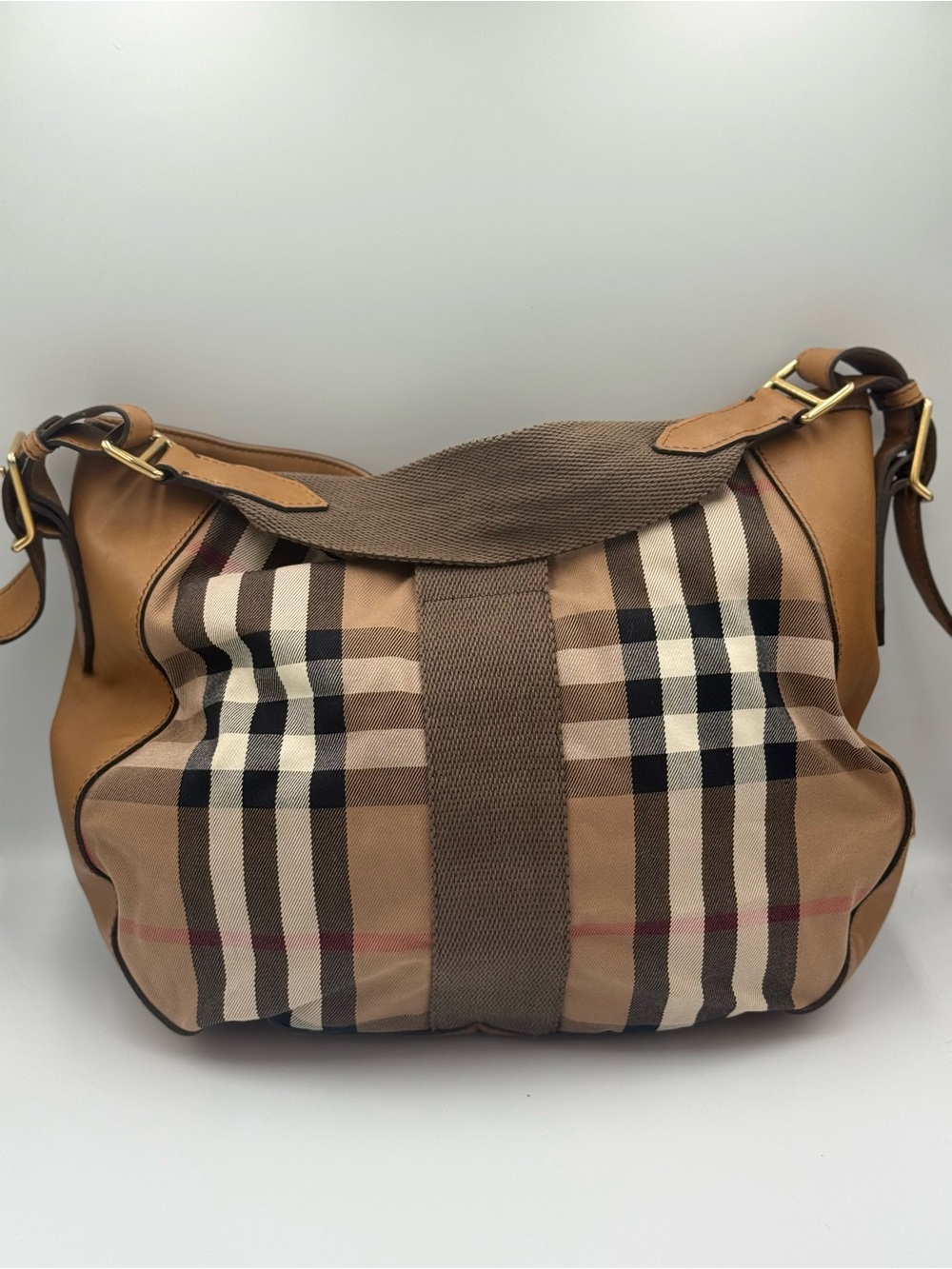 Burberry Haymarket House Check Leather and Canvas Hobo Bag - Picture 2 of 15